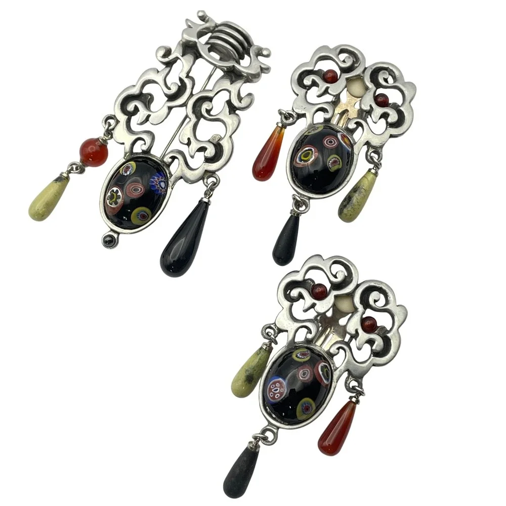 Vintage Modernist Millefiori Brooch and Clip On Earring‎ Set Statement Jewelry